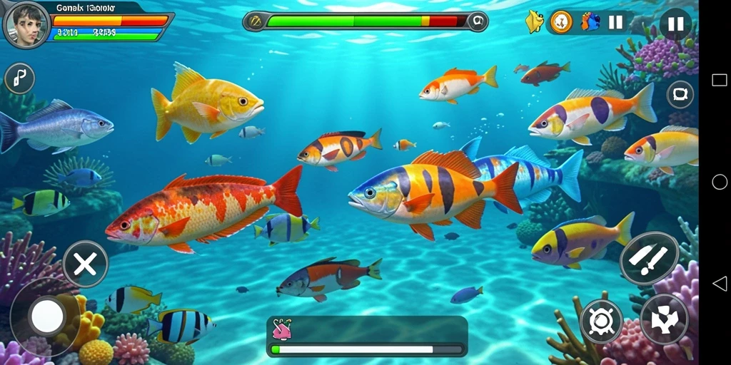Gameplay seru menangkap ikan di lautan yang indah.