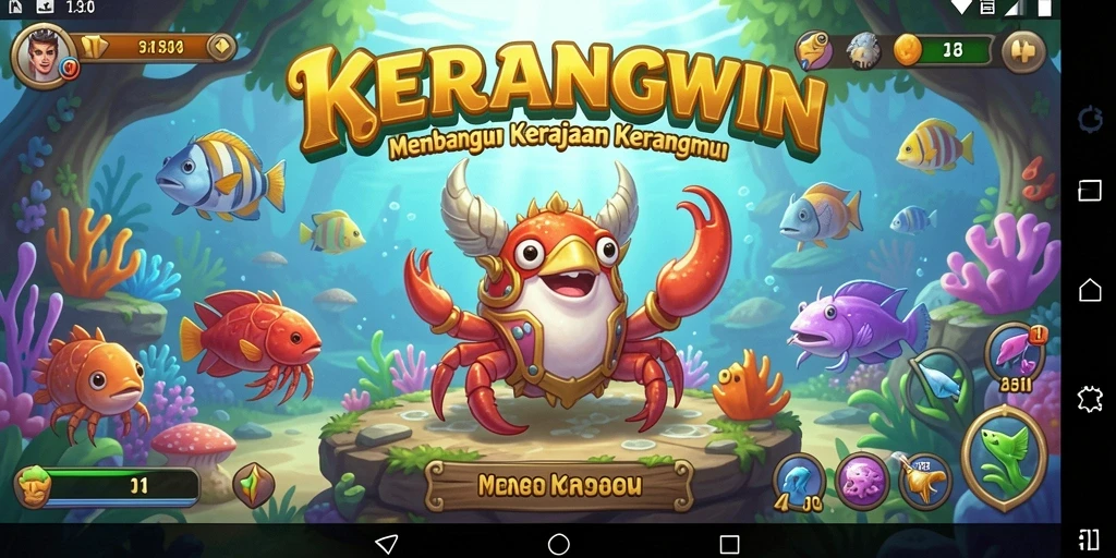 Tampilan gameplay KERANGWIN yang menampilkan suasana membangun kerajaan kerang.