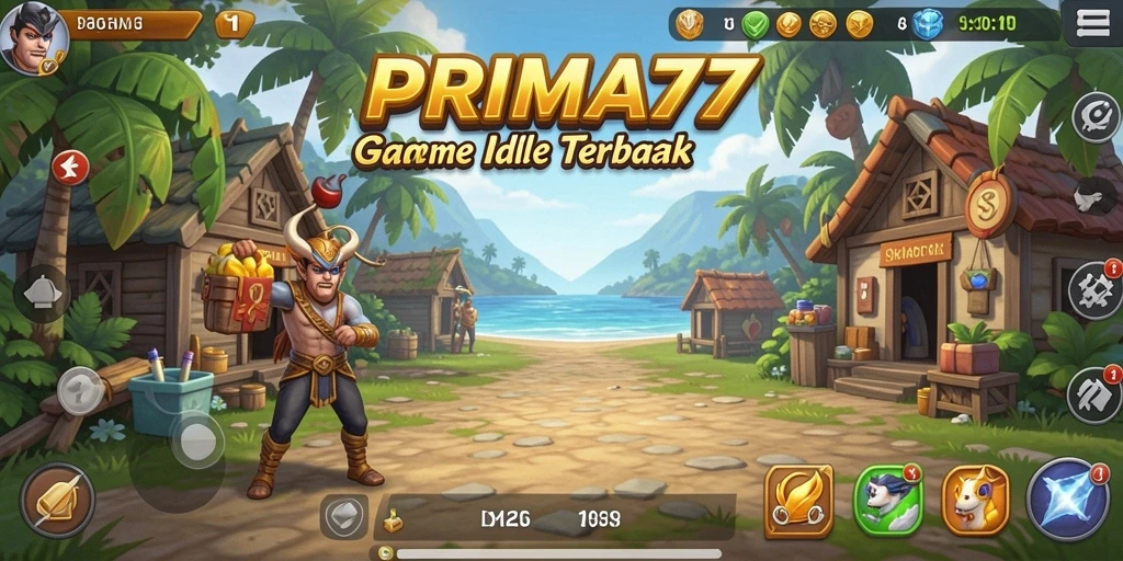 Tampilan gameplay PRIMA77 yang menampilkan karakter dan aktivitas santai.