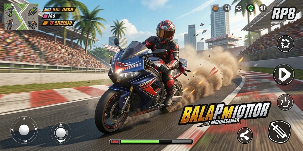 Screenshot gameplay RP8 menampilkan aksi balap motor yang mendebarkan.