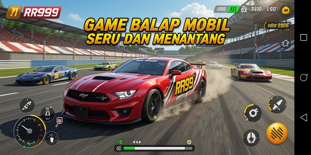 Screenshot gameplay RR999 menunjukkan aksi balap yang mendebarkan di lintasan.