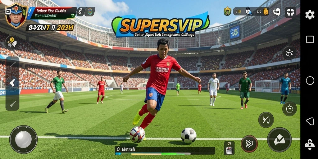 Gameplay SUPERSVIP dengan aksi sepak bola yang mendebarkan.